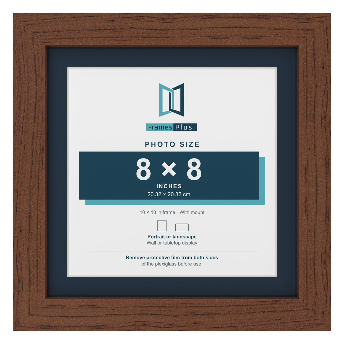 Dark Teak 10 x 10 inch picture frame with a Pacific Blue mount for an 8 x 8 inch photo