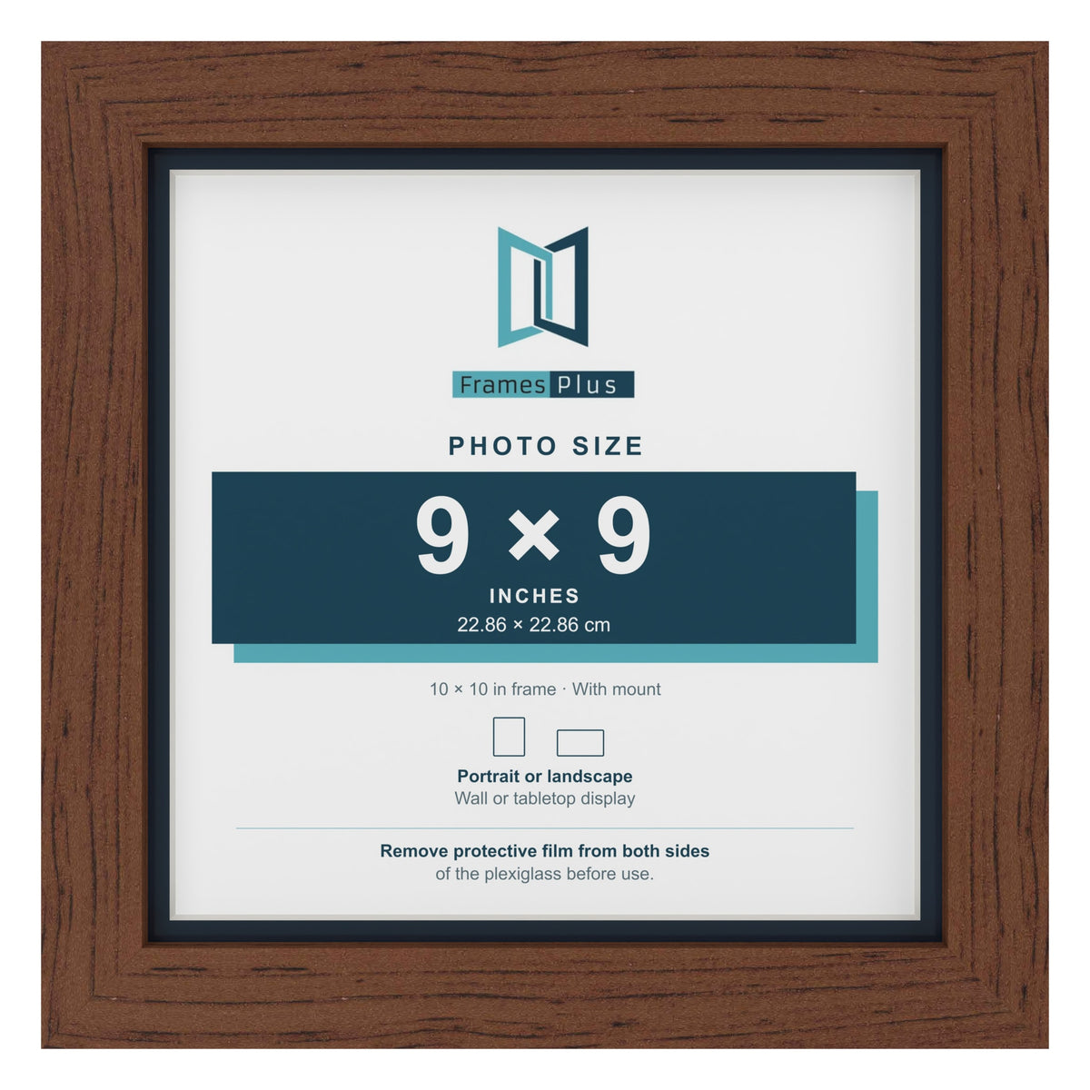 Dark Teak 10 x 10 inch picture frame with a Pacific Blue mount for a 9 x 9 inch photo