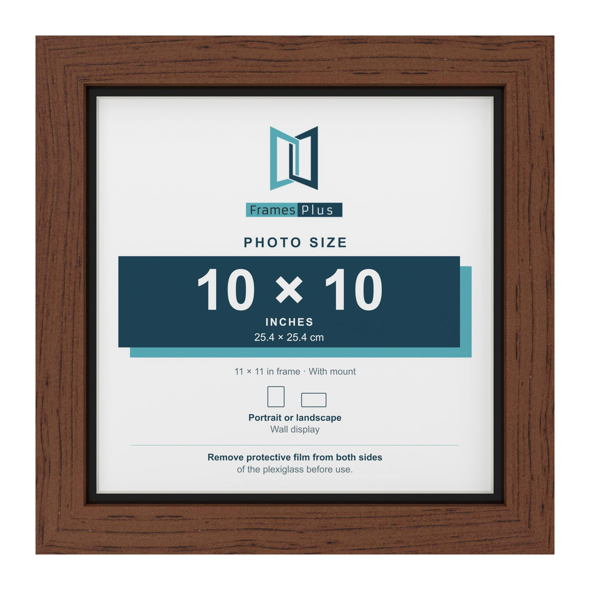 Dark Teak 11 x 11 inch picture frame with a black mount for a 10 x 10 inch photo