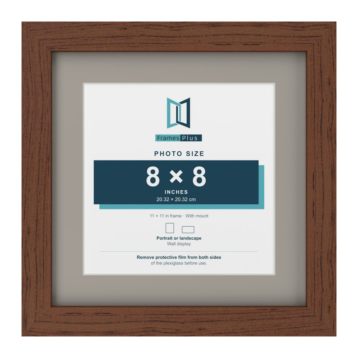 Dark Teak 11 x 11 inch picture frame with a Dawn Grey mount for an 8 x 8 inch photo