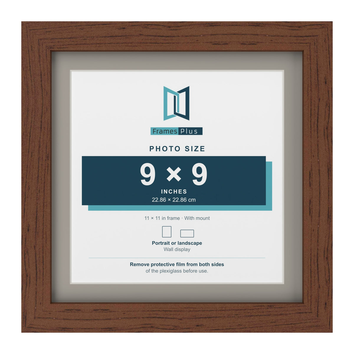 Dark Teak 11 x 11 inch picture frame with a Dawn Grey mount for a 9 x 9 inch photo