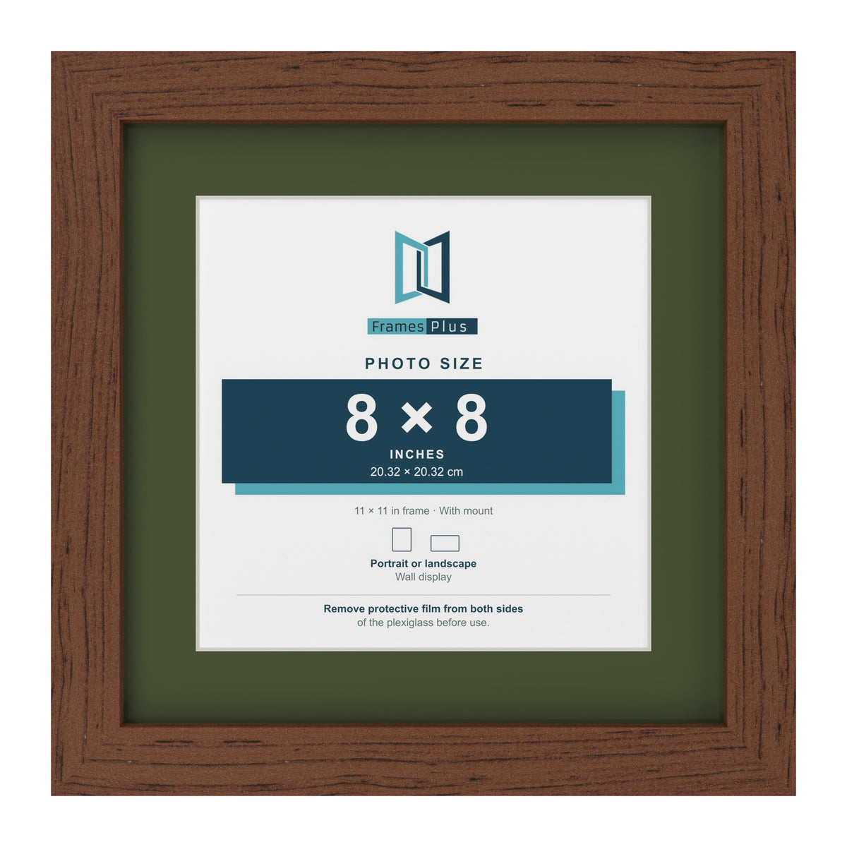 Dark Teak 11 x 11 inch picture frame with a green mount for an 8 x 8 inch photo