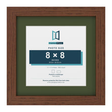 Dark Teak 11 x 11 inch picture frame with a green mount for an 8 x 8 inch photo
