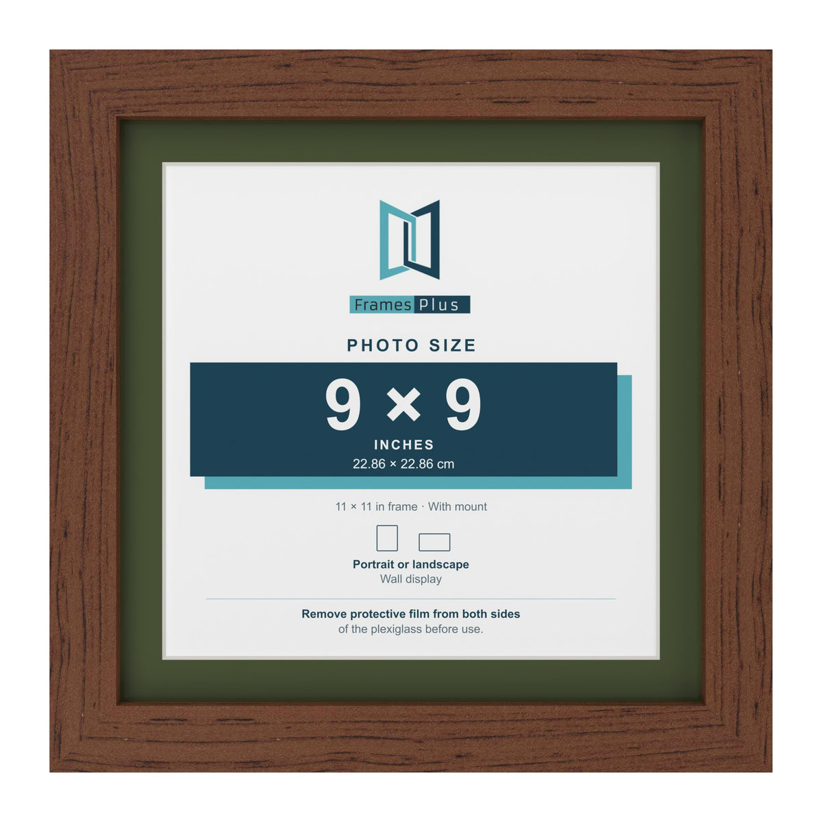 Dark Teak 11 x 11 inch picture frame with a green mount for a 9 x 9 inch photo