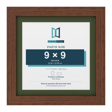 Dark Teak 11 x 11 inch picture frame with a green mount for a 9 x 9 inch photo