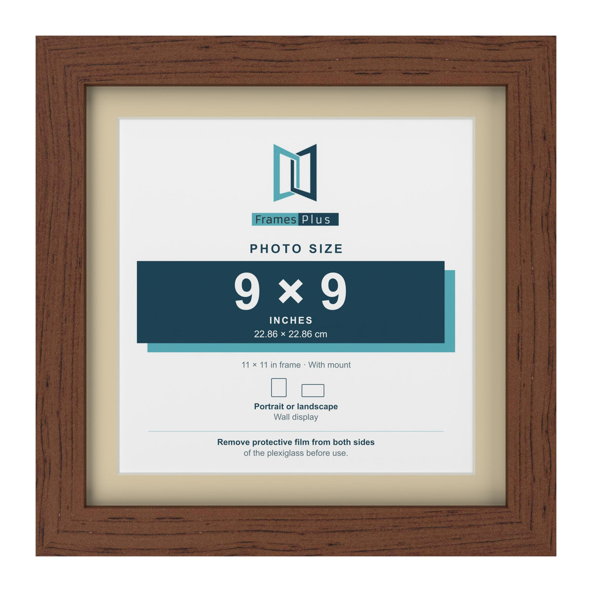 Dark Teak 11 x 11 inch picture frame with an ivory mount for a 9 x 9 inch photo