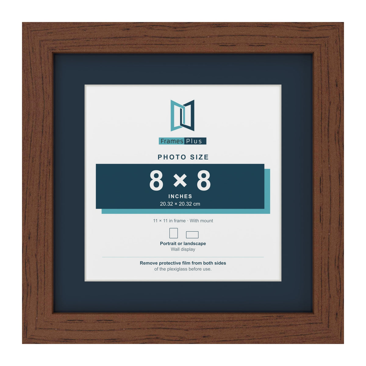 Dark Teak 11 x 11 inch picture frame with a Pacific Blue mount for an 8 x 8 inch photo