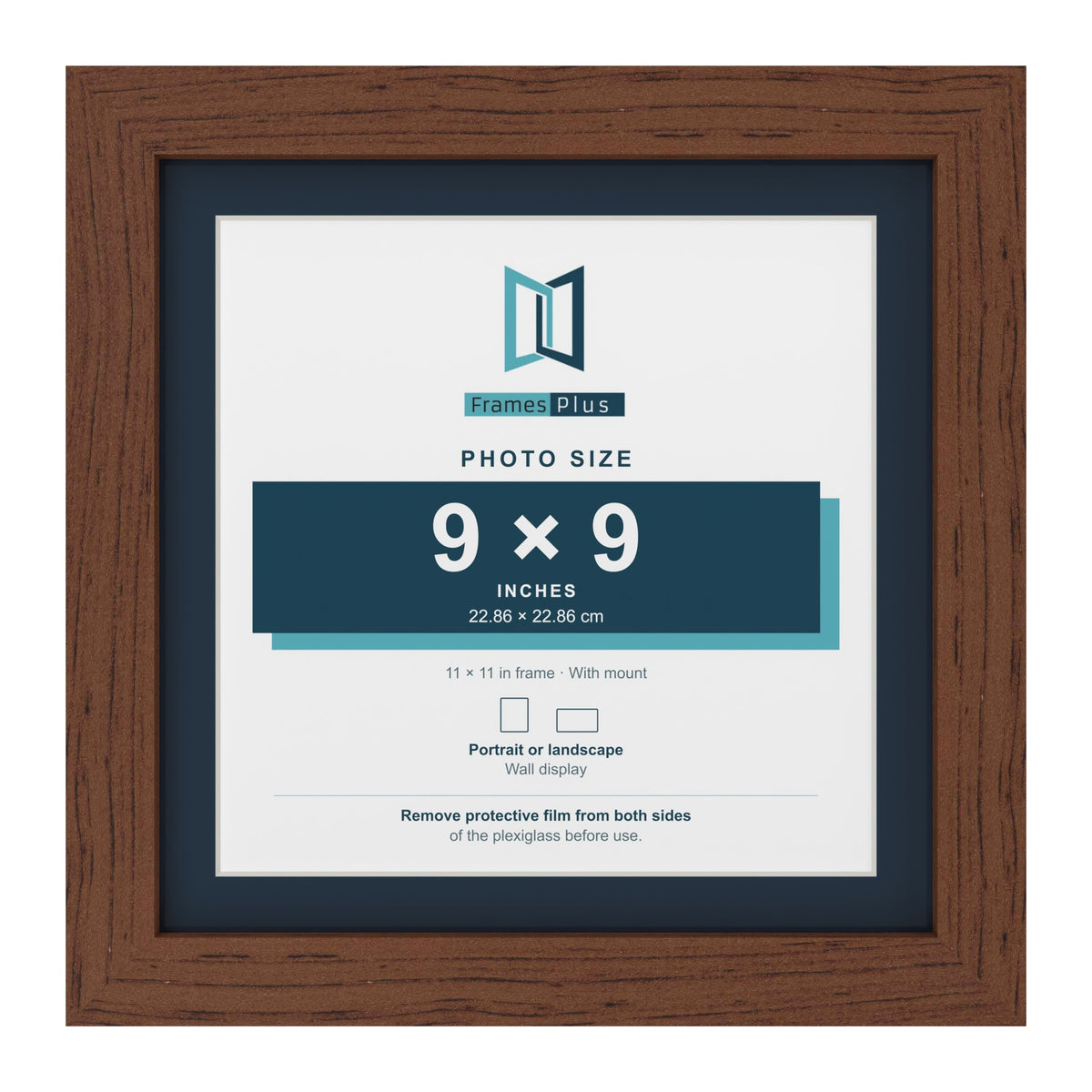 Dark Teak 11 x 11 inch picture frame with a Pacific Blue mount for a 9 x 9 inch photo