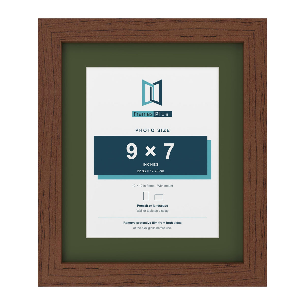 Dark Teak 12 x 10 inch picture frame with a green mount for a 9 x 7 inch photo