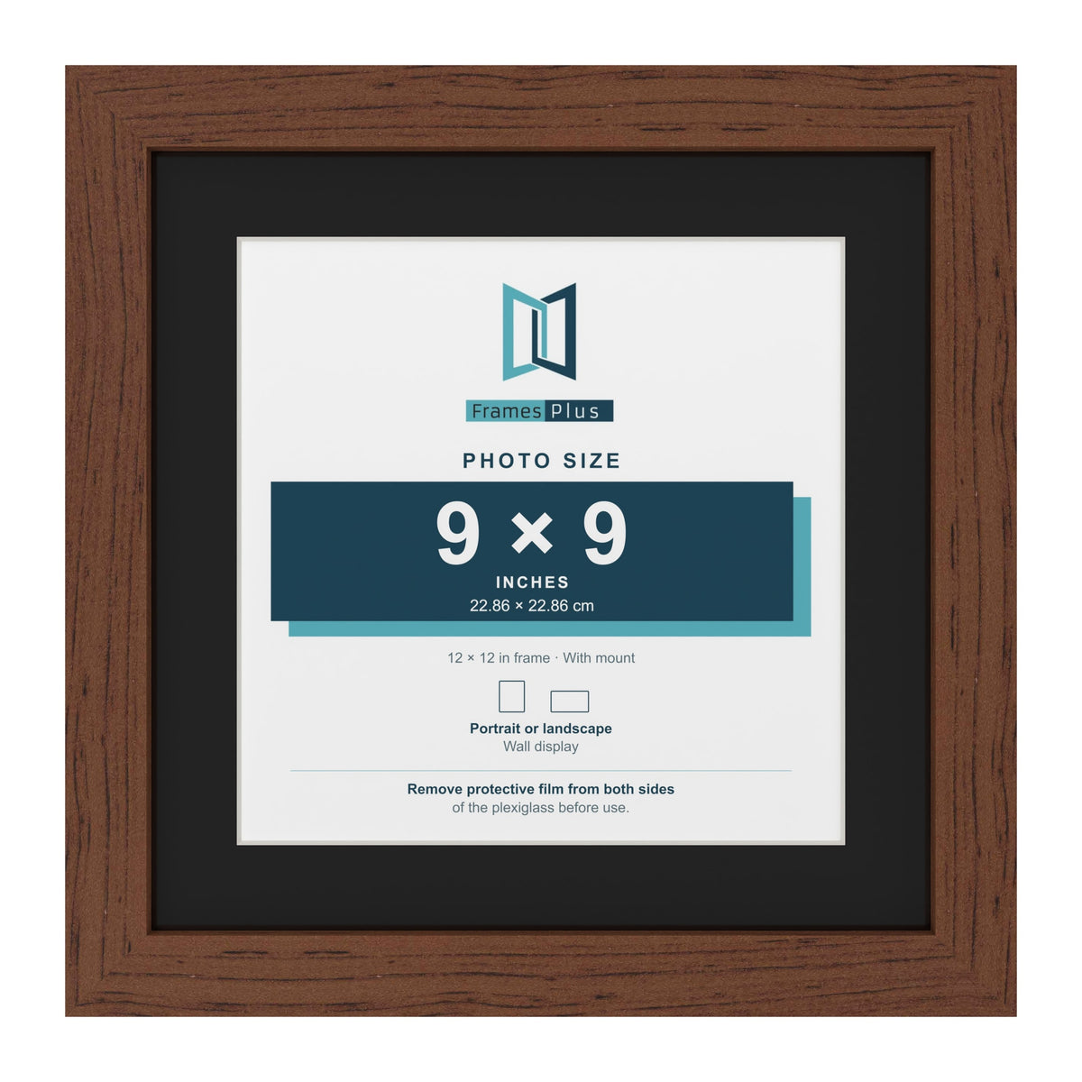 Dark Teak 12 x 12 inch picture frame with a black mount for a 9 x 9 inch photo
