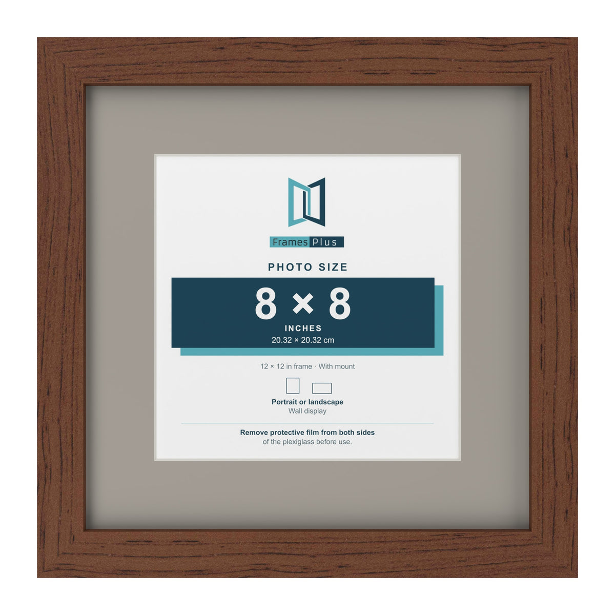 Dark Teak 12 x 12 inch picture frame with a Dawn Grey mount for an 8 x 8 inch photo