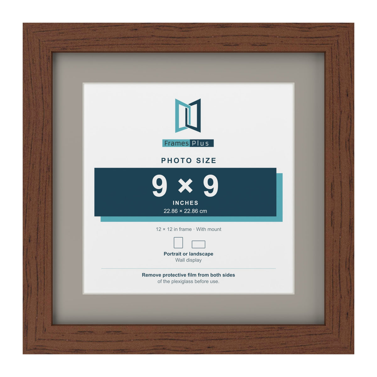 Dark Teak 12 x 12 inch picture frame with a Dawn Grey mount for a 9 x 9 inch photo