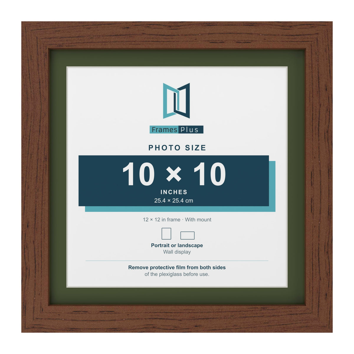 Dark Teak 12 x 12 inch picture frame with a green mount for a 10 x 10 inch photo