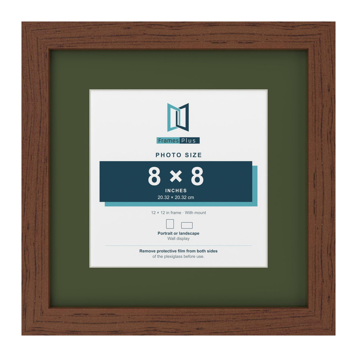 Dark Teak 12 x 12 inch picture frame with a green mount for an 8 x 8 inch photo