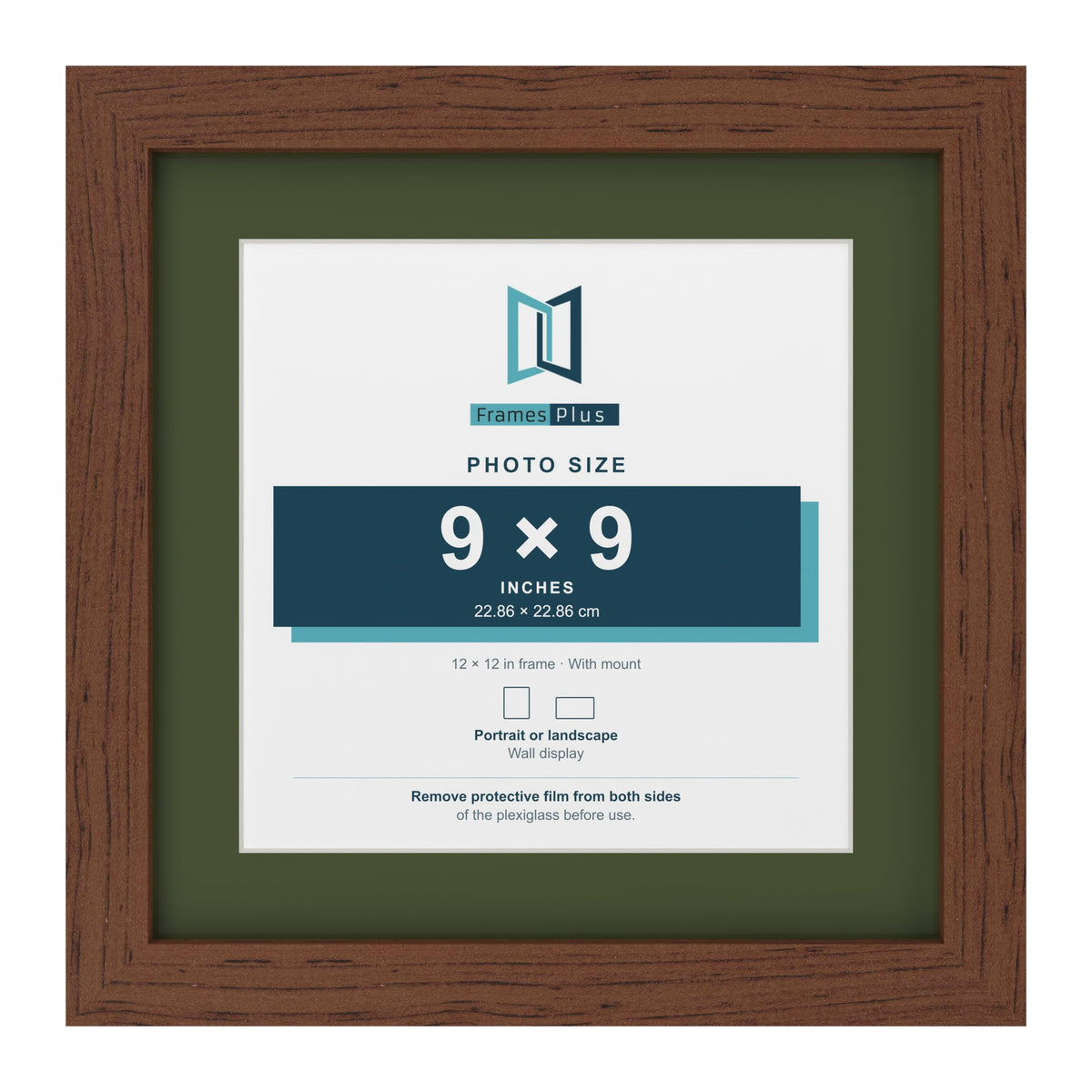 Dark Teak 12 x 12 inch picture frame with a green mount for a 9 x 9 inch photo