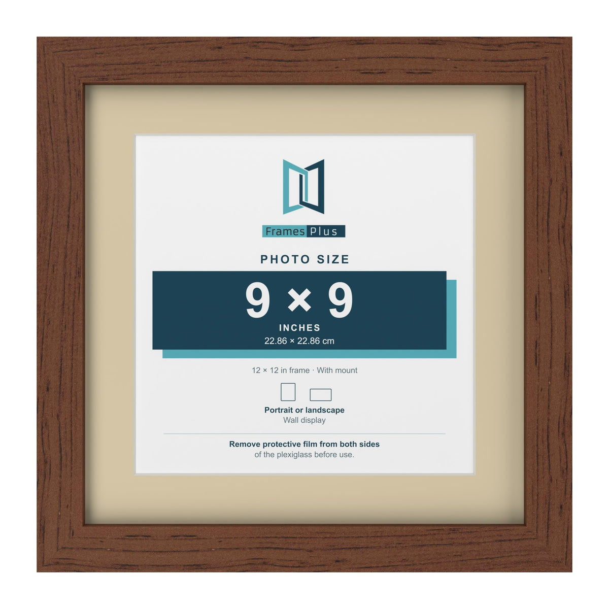Dark Teak 12 x 12 inch picture frame with an ivory mount for a 9 x 9 inch photo