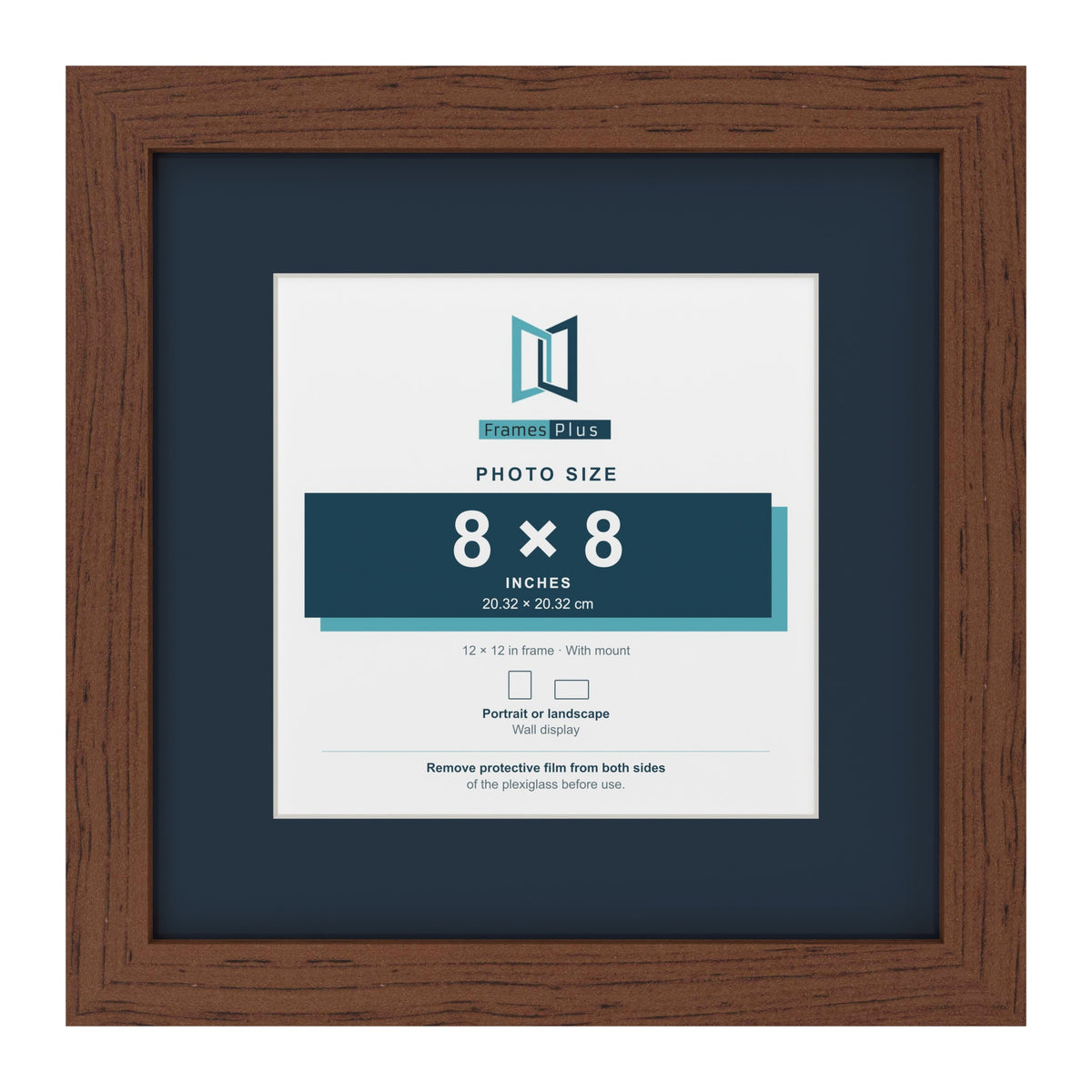 Dark Teak 12 x 12 inch picture frame with a Pacific Blue mount for an 8 x 8 inch photo