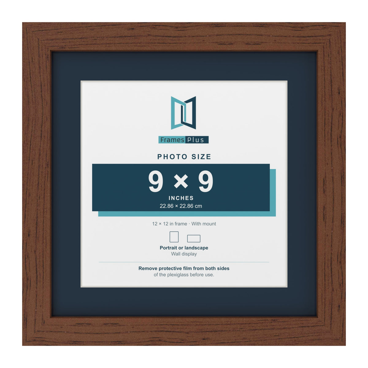 Dark Teak 12 x 12 inch picture frame with a Pacific Blue mount for a 9 x 9 inch photo