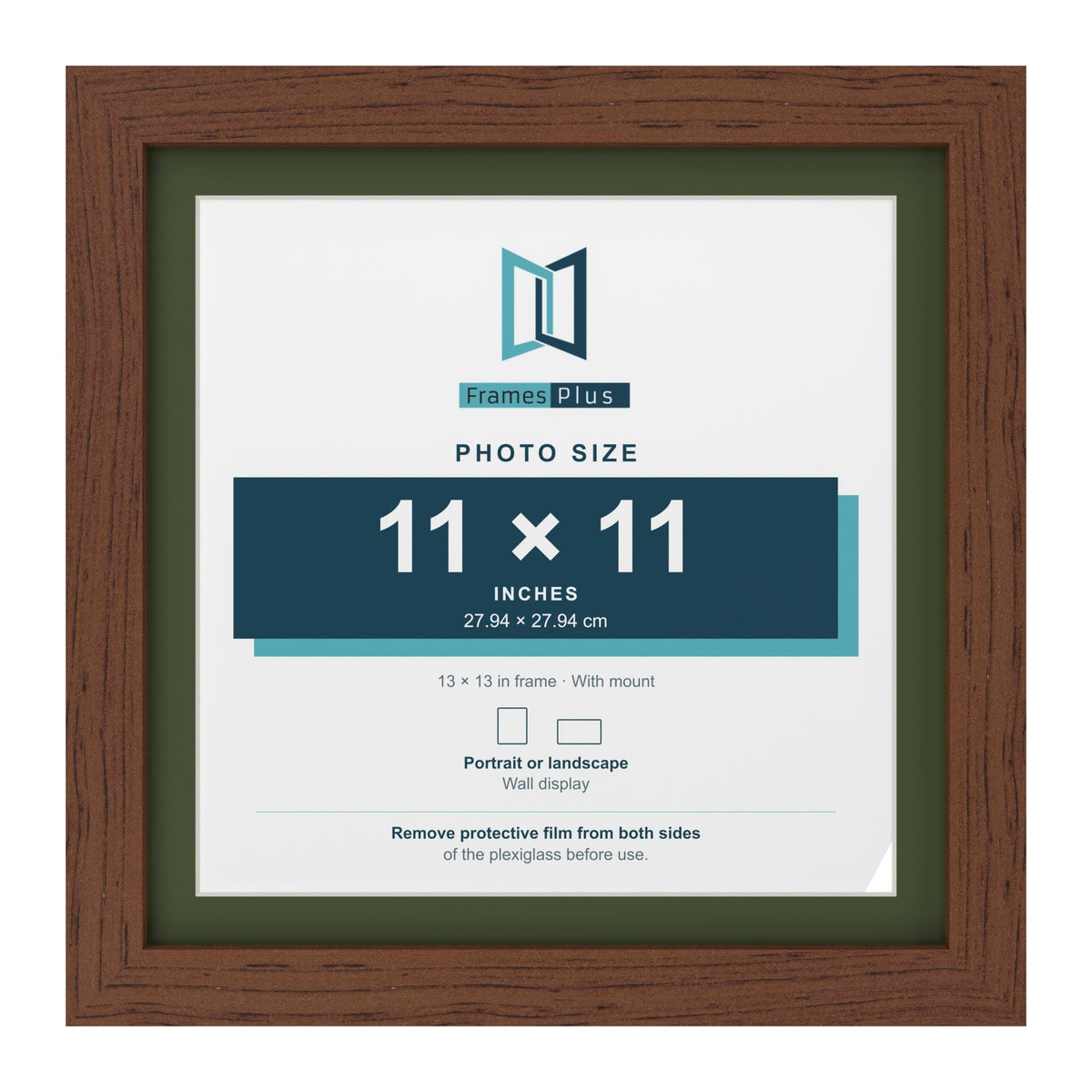 Dark Teak 13 x 13 inch picture frame with a green mount for an 11 x 11 inch photo