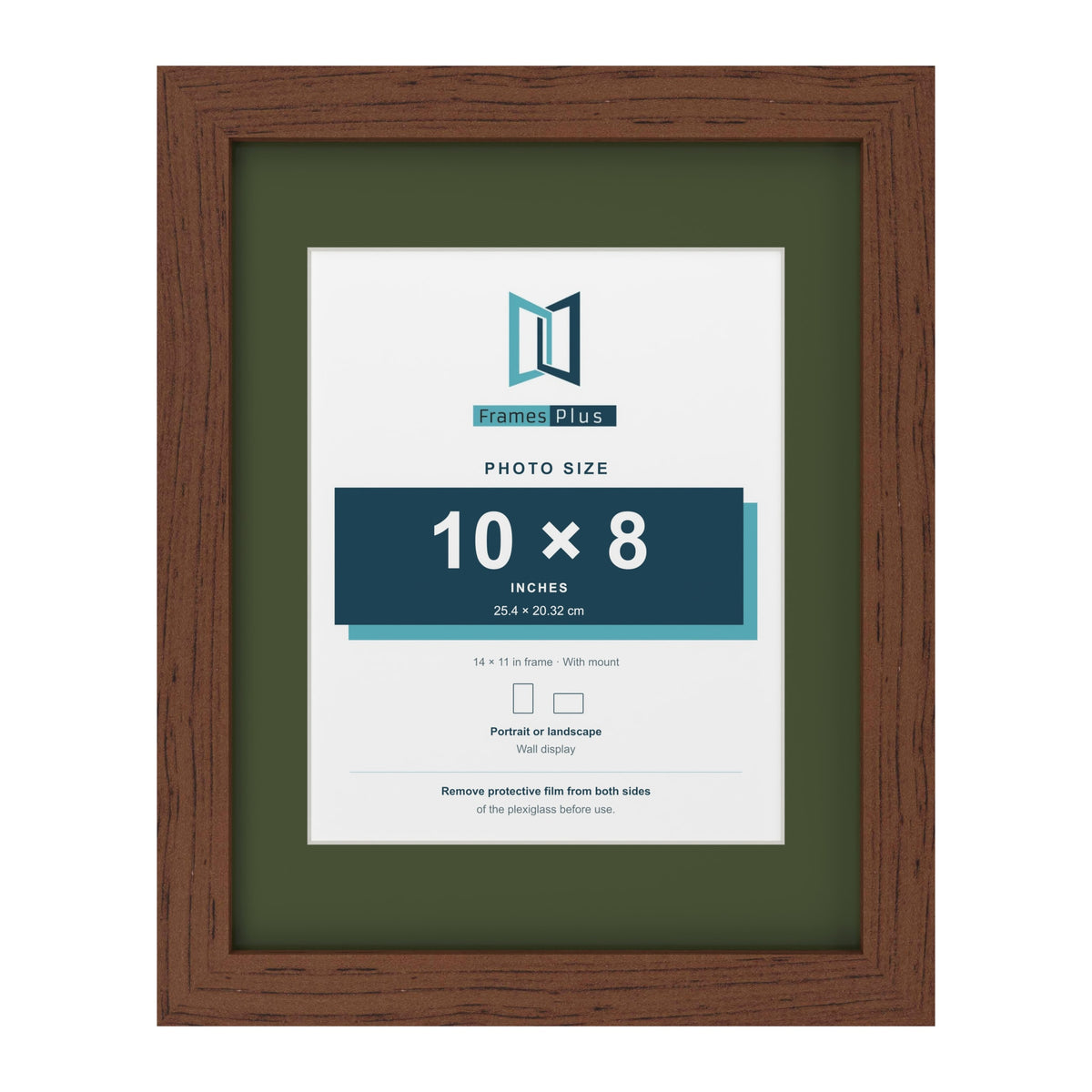 Dark Teak 14 x 11 inch picture frame with a green mount for a 10 x 8 inch photo
