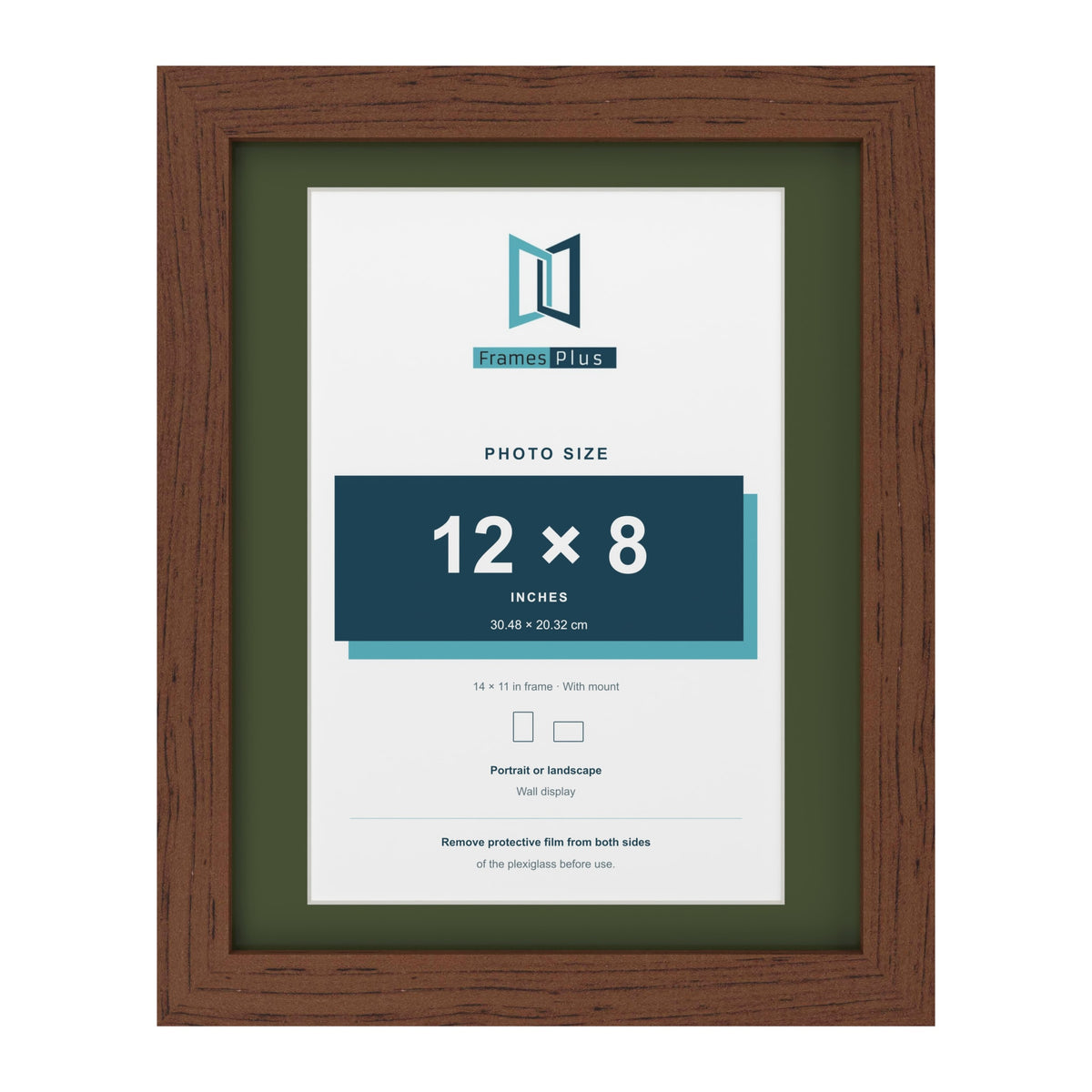 Dark Teak 14 x 11 inch picture frame with a green mount for a 12 x 8 inch photo