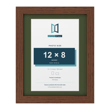 Dark Teak 14 x 11 inch picture frame with a green mount for a 12 x 8 inch photo