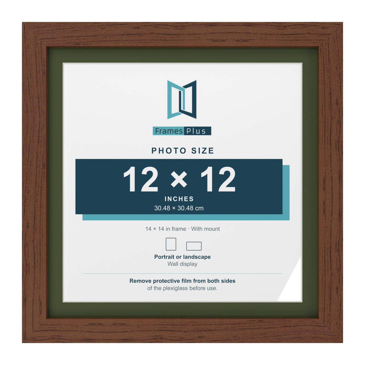 Dark Teak 14 x 14 inch picture frame with a green mount for a 12 x 12 inch photo