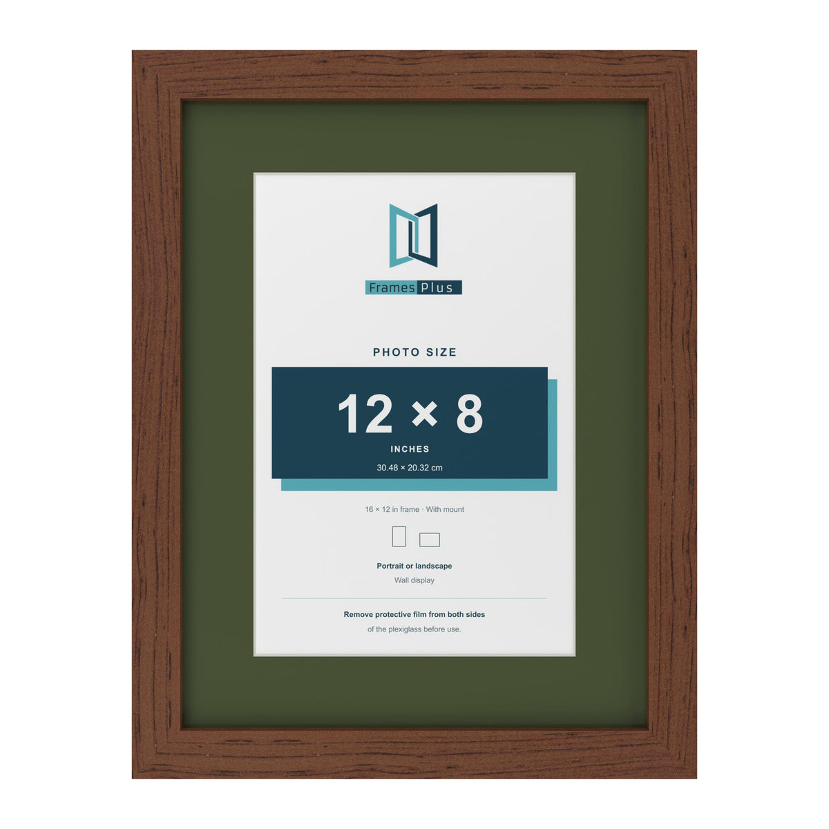 Dark Teak 16 x 12 inch picture frame with a green mount for a 12 x 8 inch photo