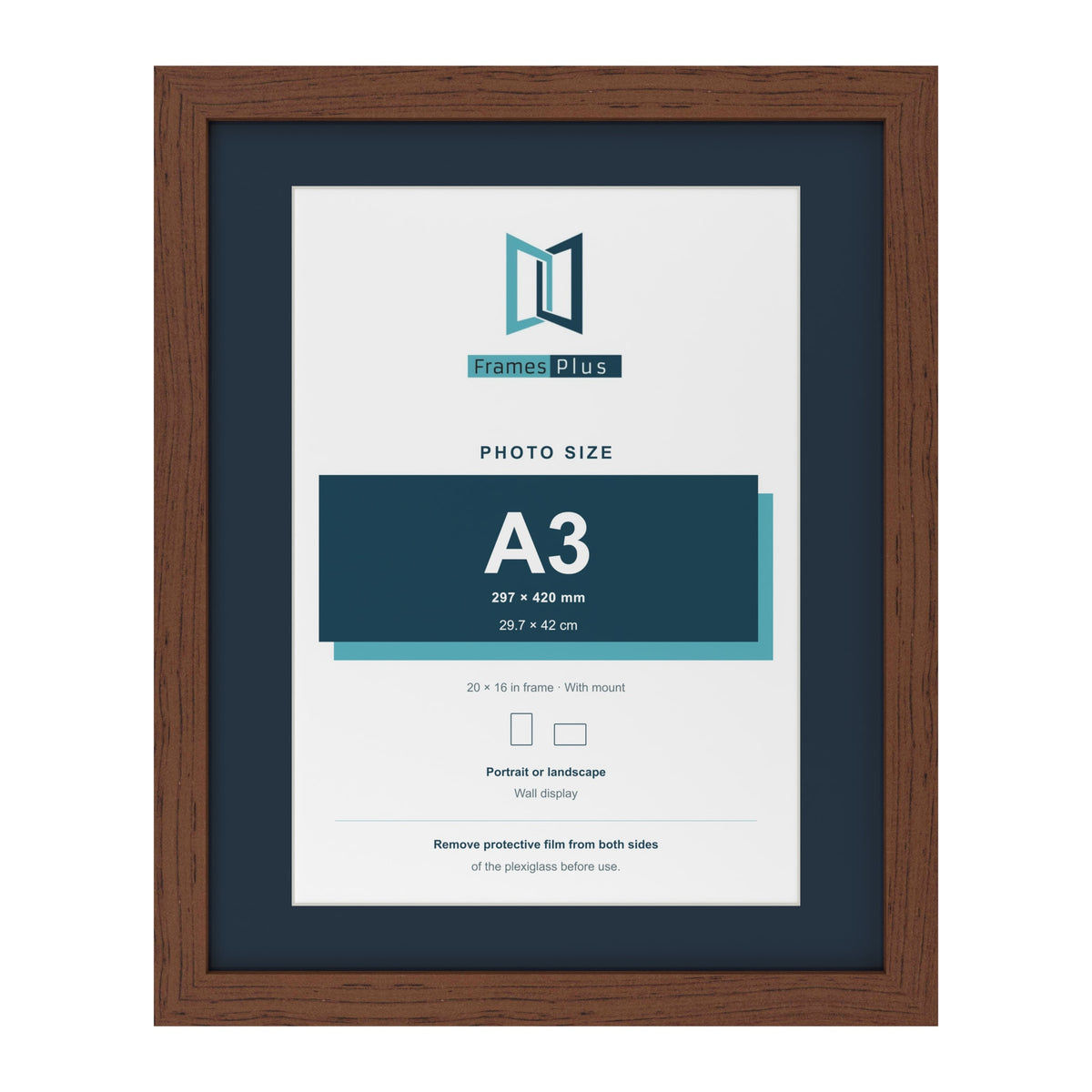 Dark Teak 20 x 16 inch picture frame with a Pacific Blue mount for an A3 photo