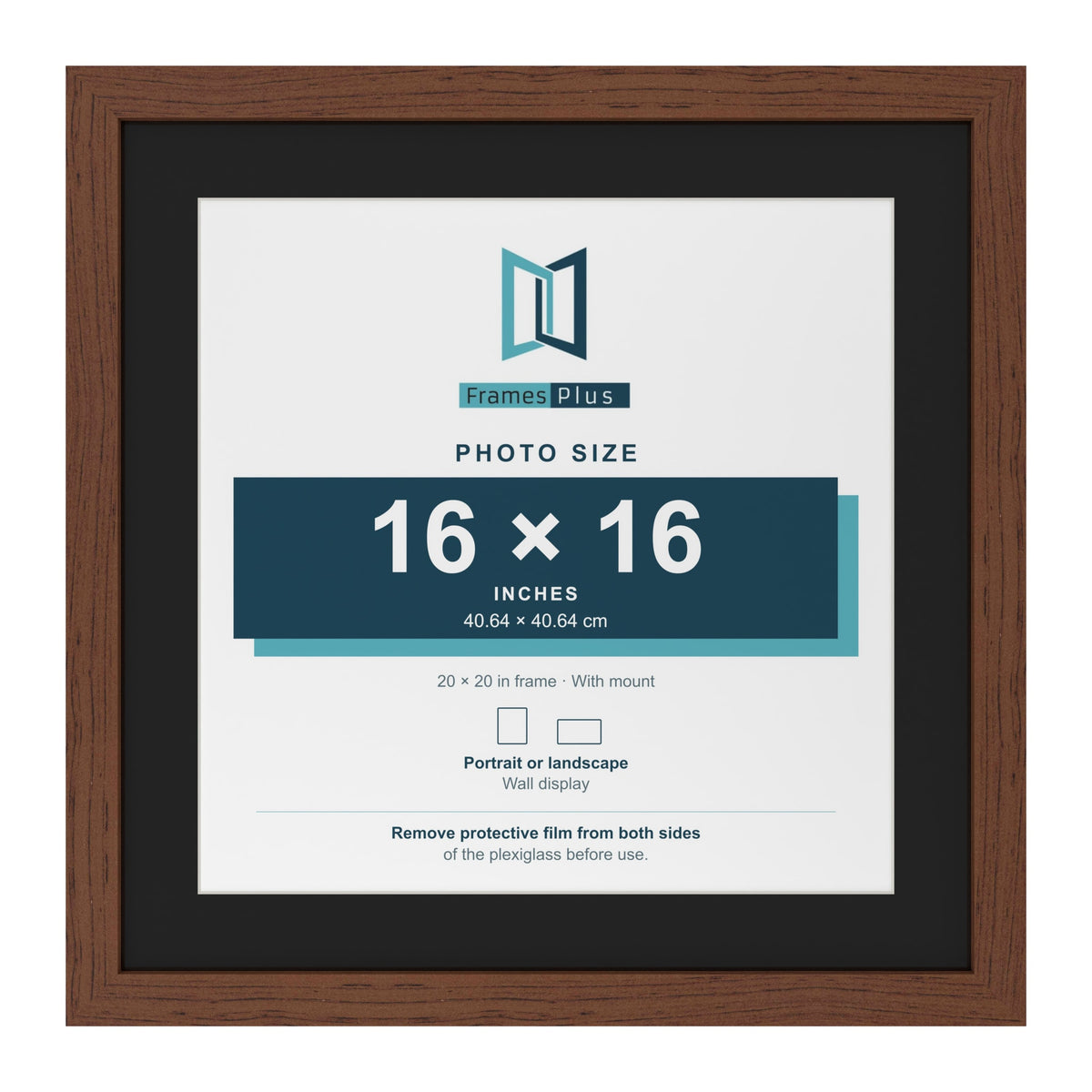 Dark Teak 20 x 20 inch picture frame with a black mount for a 16 x 16 inch photo