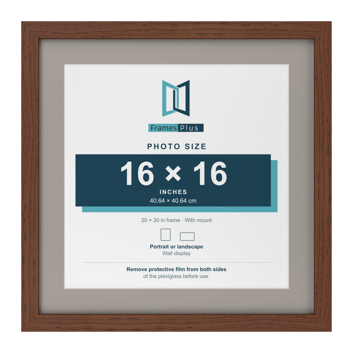 Dark Teak 20 x 20 inch picture frame with a Dawn Grey mount for a 16 x 16 inch photo
