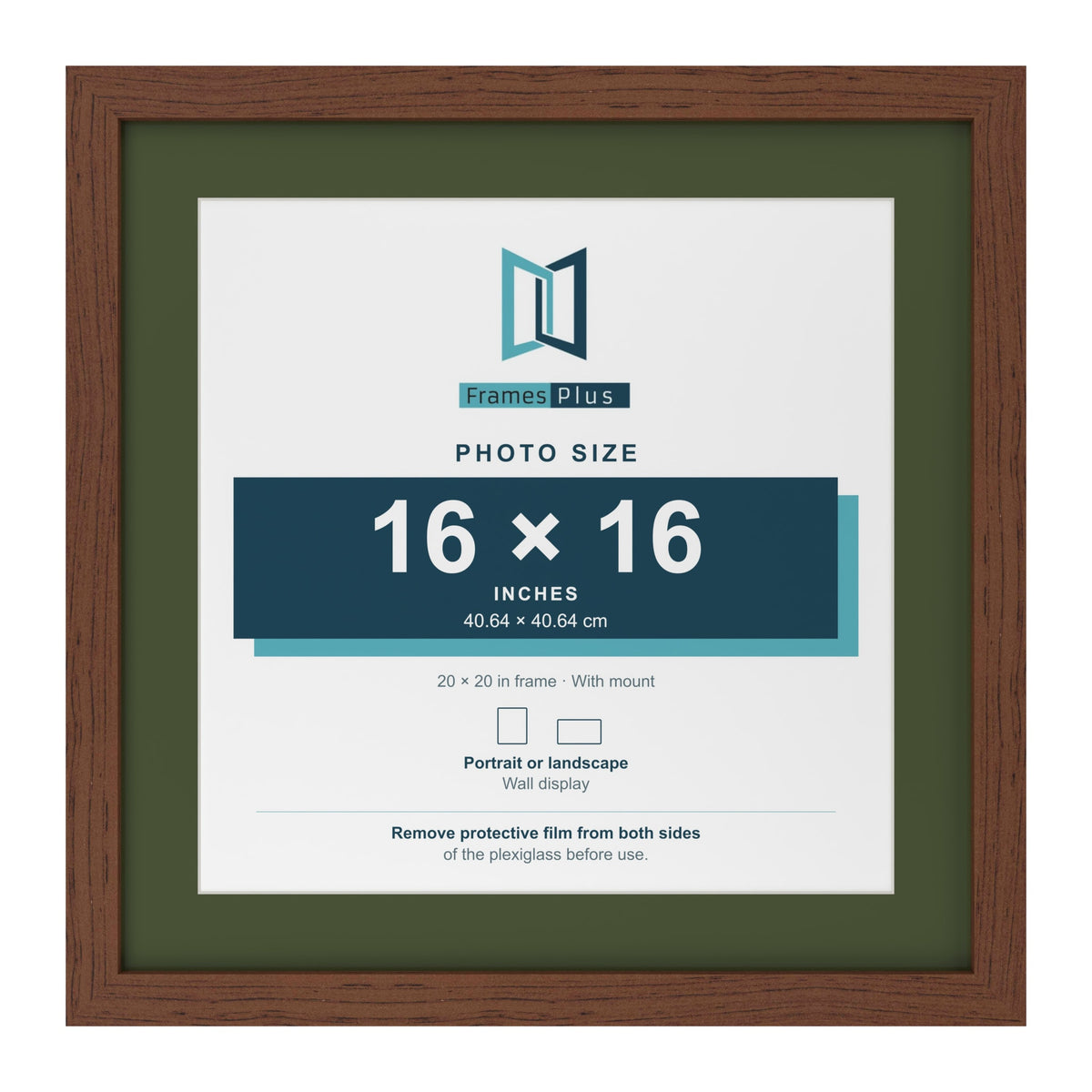 Dark Teak 20 x 20 inch picture frame with a green mount for a 16 x 16 inch photo