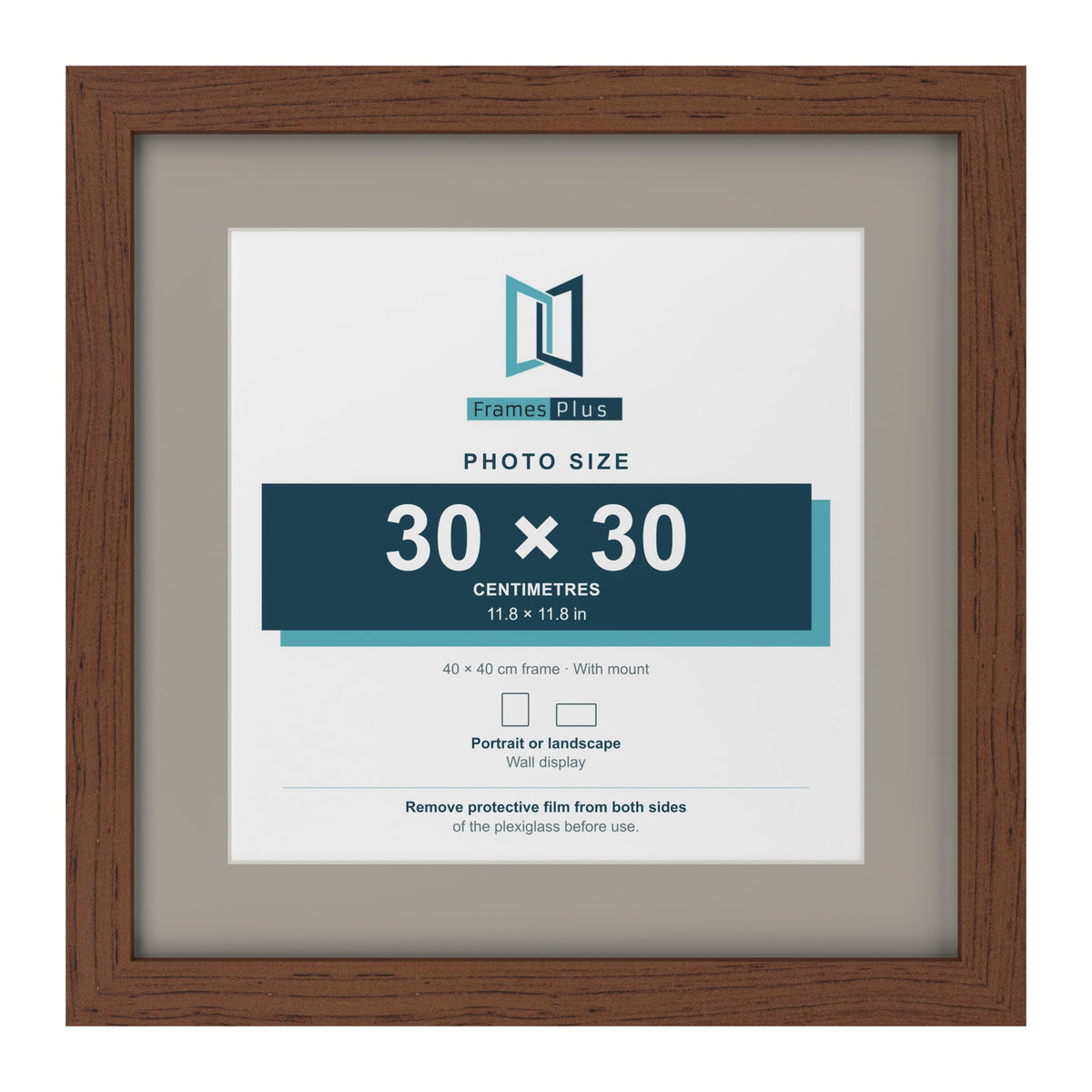 Dark Teak 40 x 40 cm picture frame with a Dawn Grey mount for a 30 x 30 cm photo