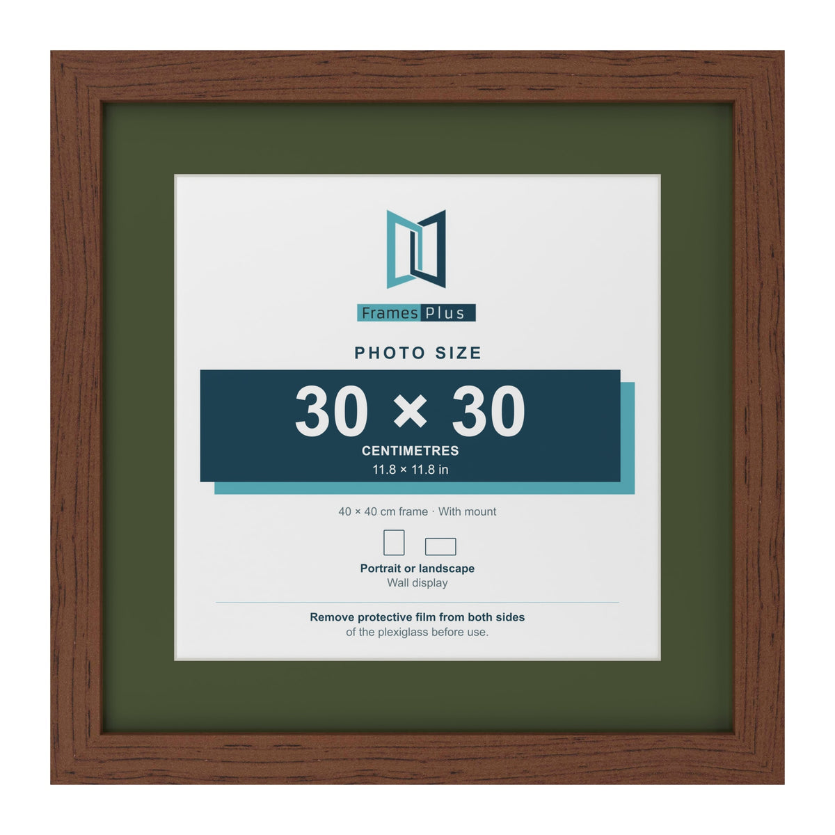 Dark Teak 40 x 40 cm picture frame with a green mount for a 30 x 30 cm photo