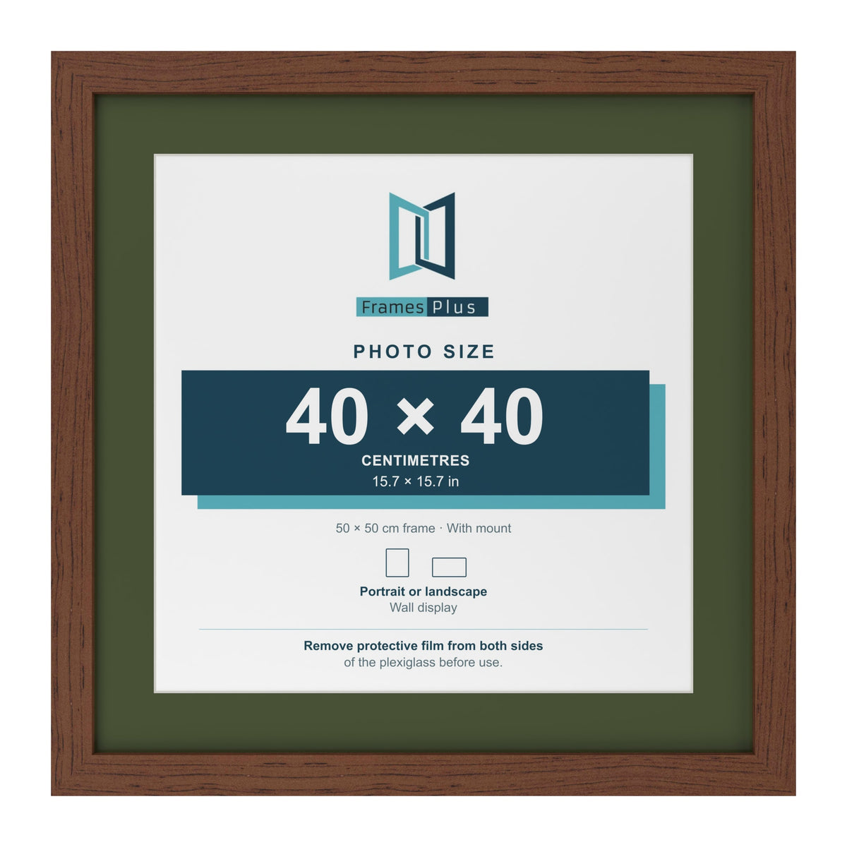 Dark Teak 50 x 50 cm picture frame with a green mount for a 40 x 40 cm photo