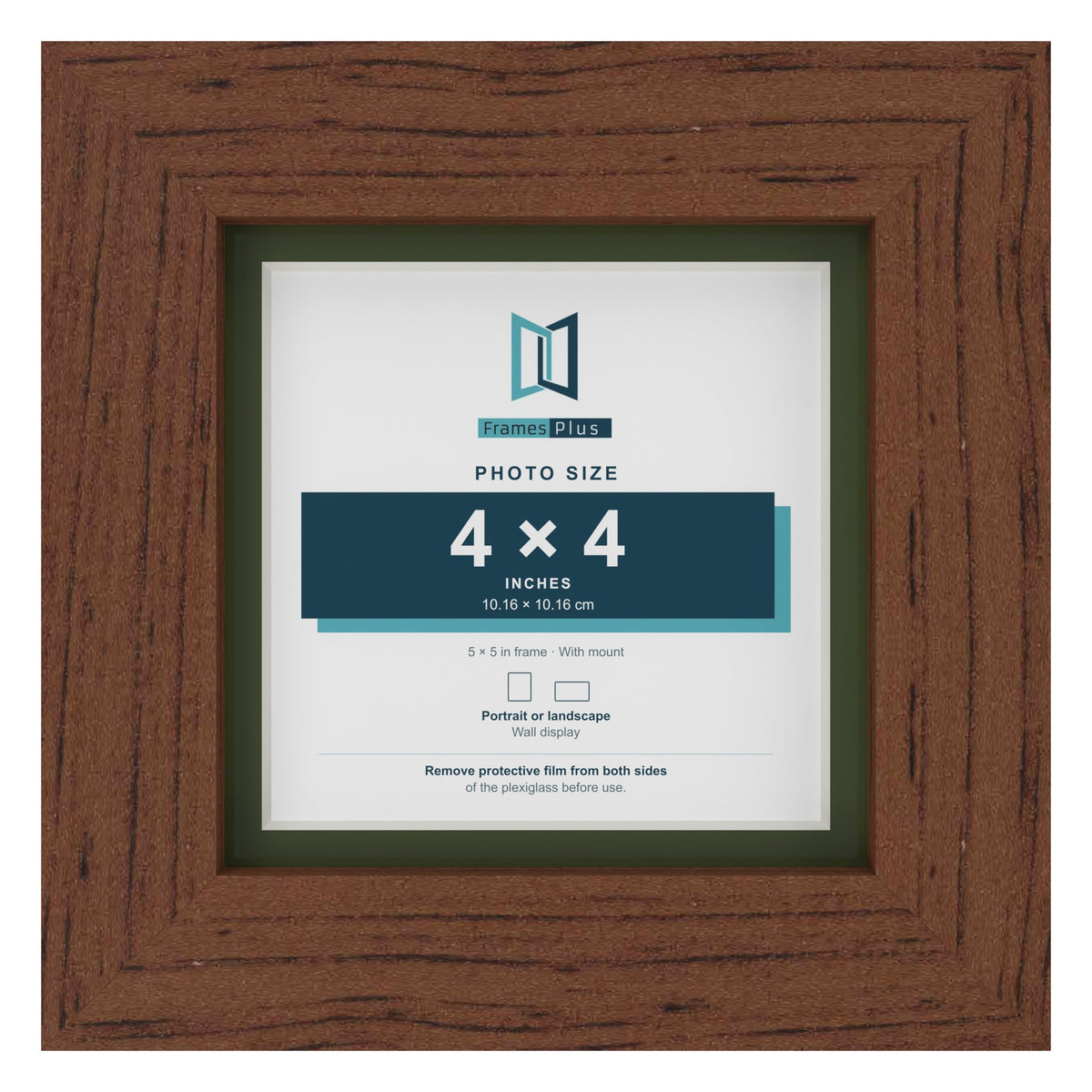 Dark Teak 5 x 5 inch picture frame with a green mount for a 4 x 4 inch photo
