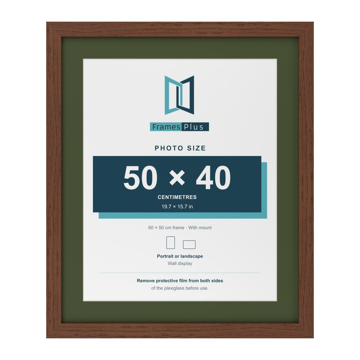 Dark Teak 60 x 50 cm picture frame with a green mount for a 50 x 40 cm photo