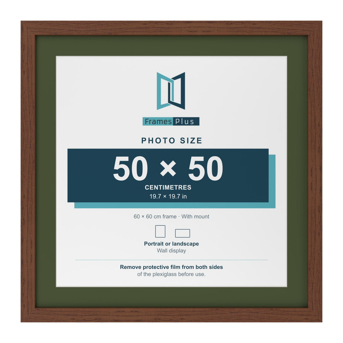 Dark Teak 60 x 60 cm picture frame with a green mount for a 50 x 50 cm photo
