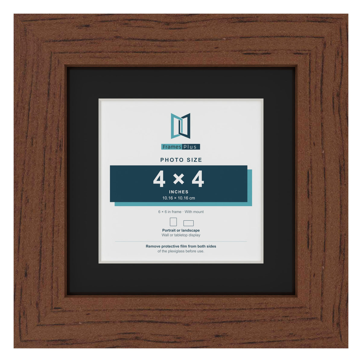 Dark Teak 6 x 6 inch picture frame with a black mount for a 4 x 4 inch photo