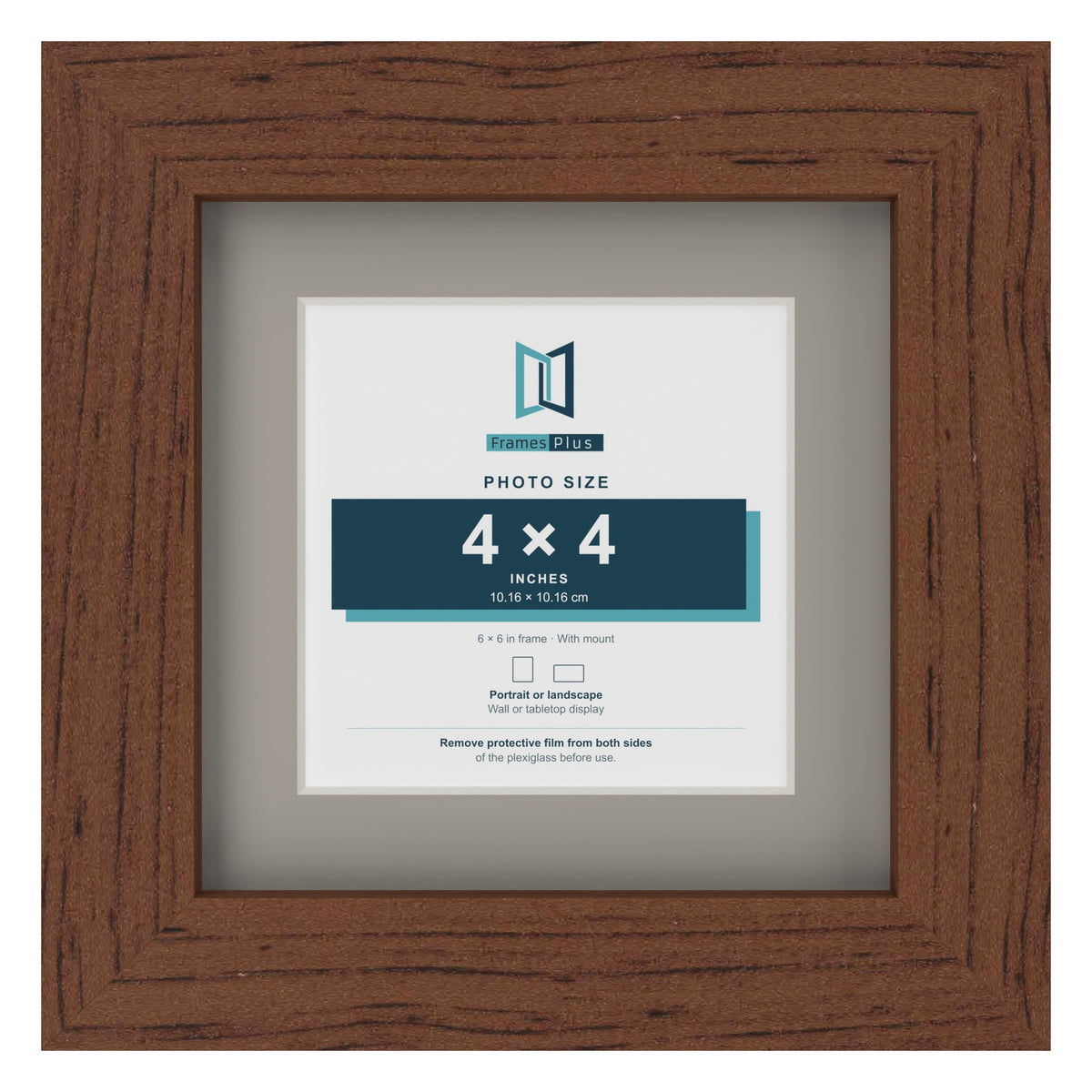 Dark Teak 6 x 6 inch picture frame with a Dawn Grey mount for a 4 x 4 inch photo