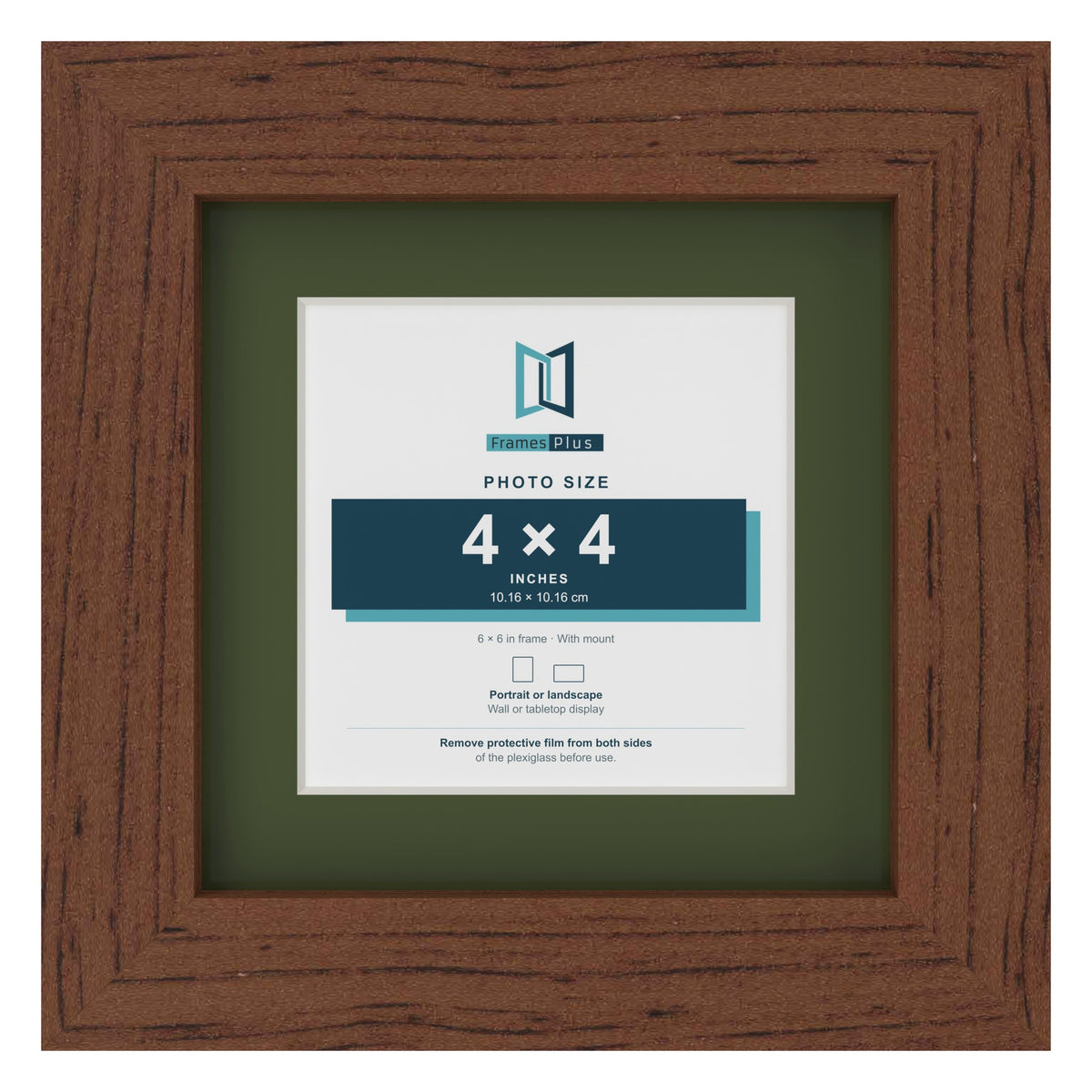 Dark Teak 6 x 6 inch picture frame with a green mount for a 4 x 4 inch photo
