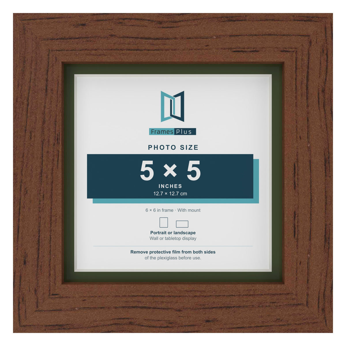 Dark Teak 6 x 6 inch picture frame with a green mount for a 5 x 5 inch photo