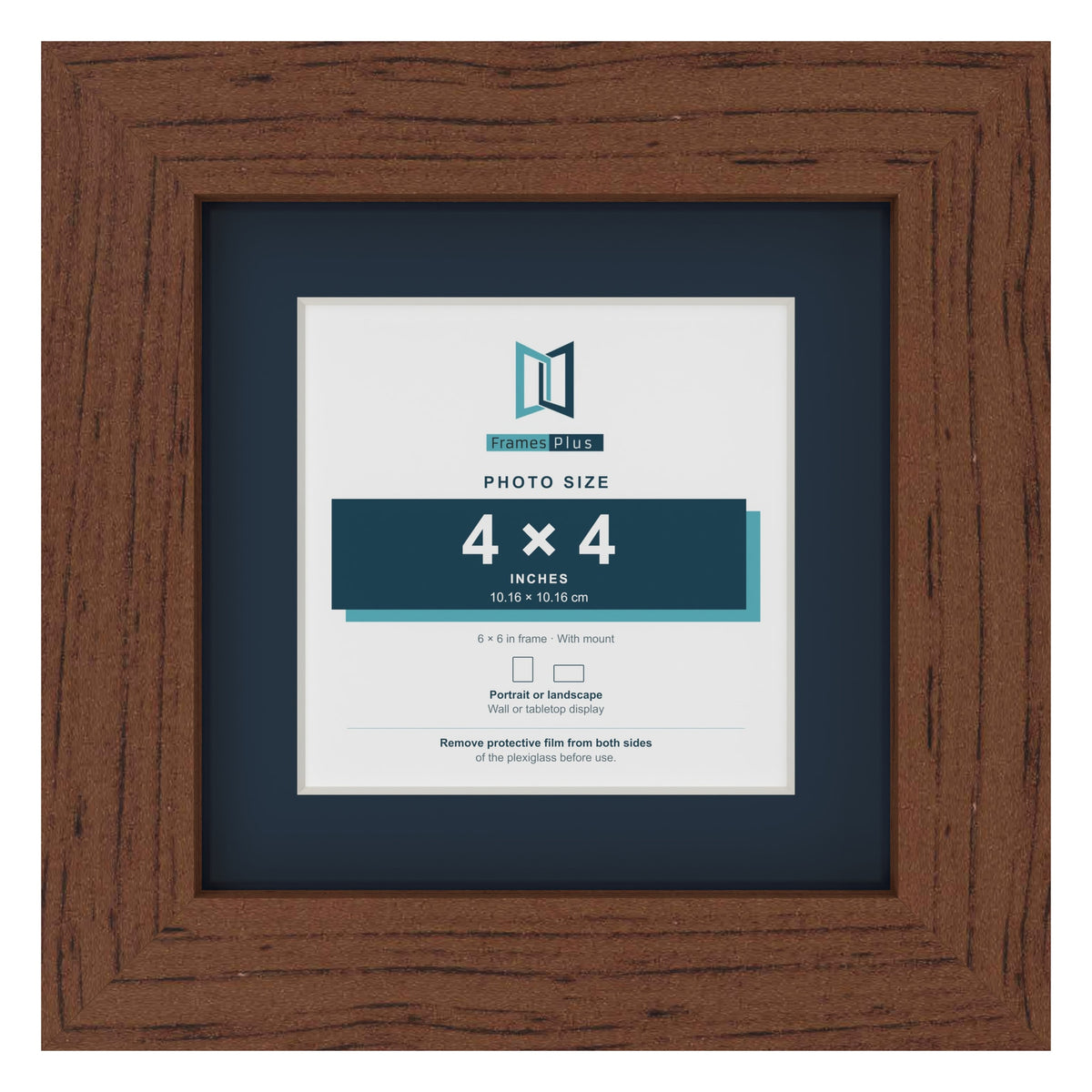 Dark Teak 6 x 6 inch picture frame with a Pacific Blue mount for a 4 x 4 inch photo