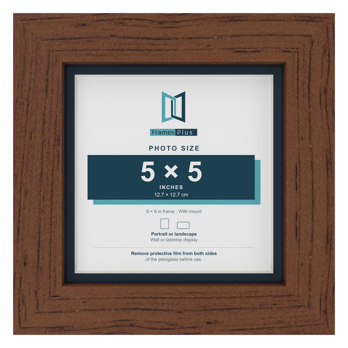 Dark Teak 6 x 6 inch picture frame with a Pacific Blue mount for a 5 x 5 inch photo