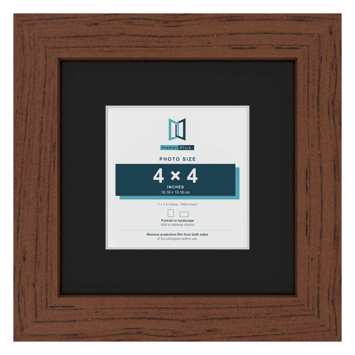 Dark Teak 7 x 7 inch picture frame with a black mount for a 4 x 4 inch photo
