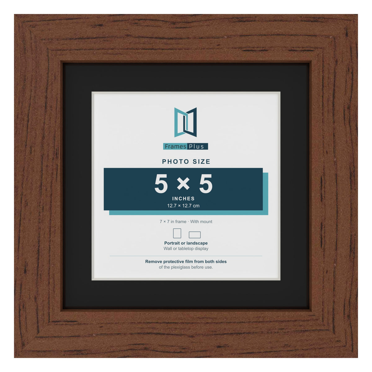 Dark Teak 7 x 7 inch picture frame with a black mount for a 5 x 5 inch photo