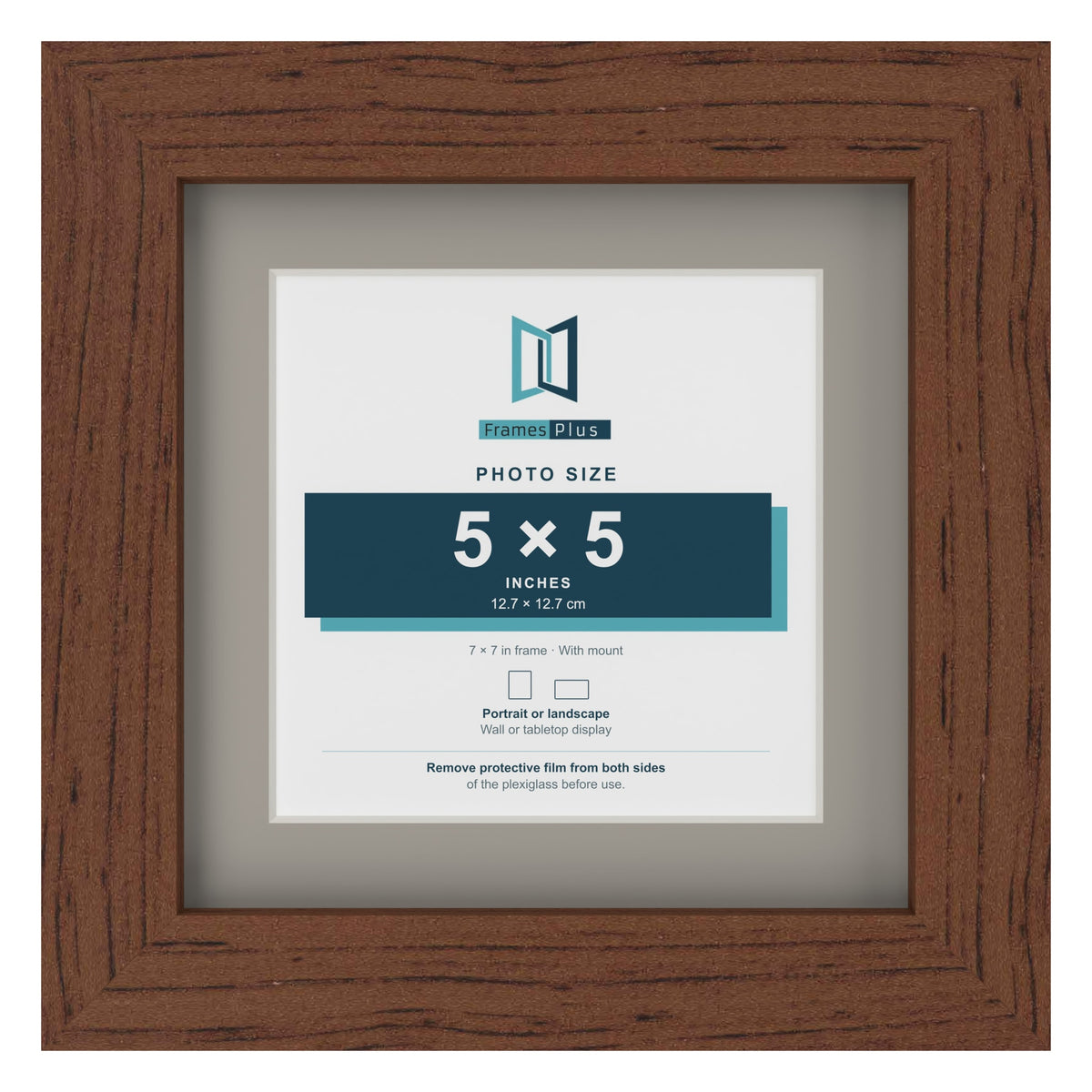 Dark Teak 7 x 7 inch picture frame with a Dawn Grey mount for a 5 x 5 inch photo