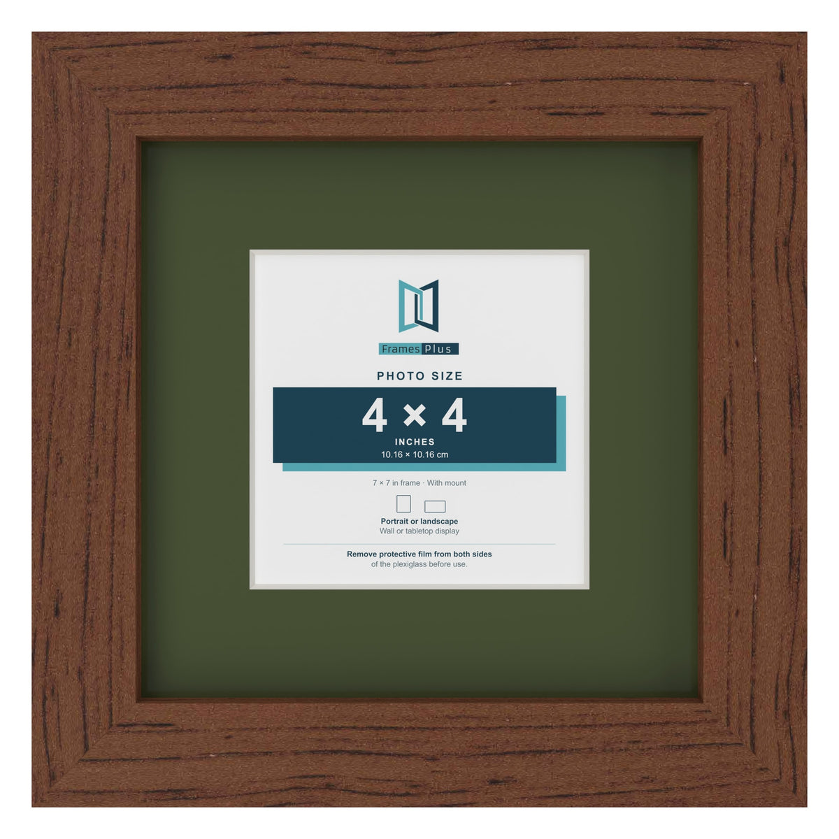 Dark Teak 7 x 7 inch picture frame with a green mount for a 4 x 4 inch photo