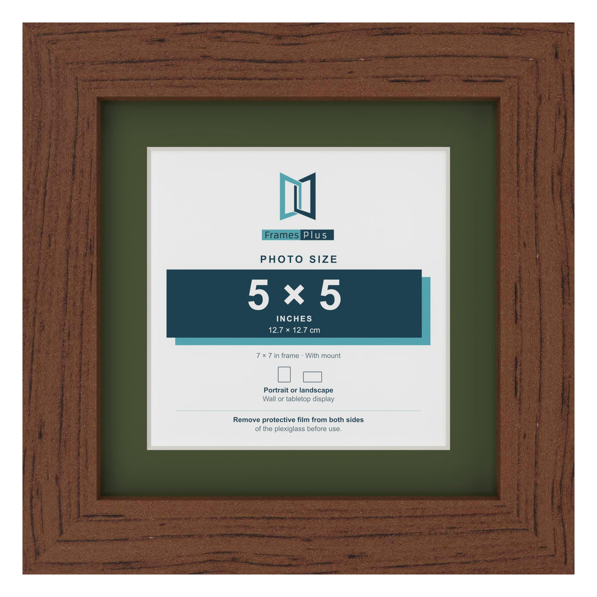 Dark Teak 7 x 7 inch picture frame with a green mount for a 5 x 5 inch photo