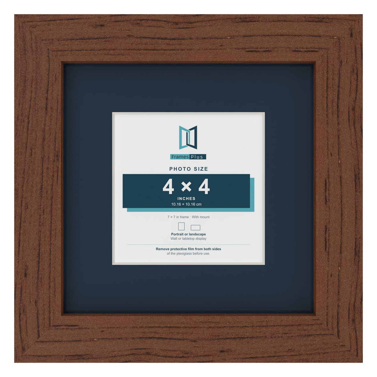 Dark Teak 7 x 7 inch picture frame with a Pacific Blue mount for a 4 x 4 inch photo